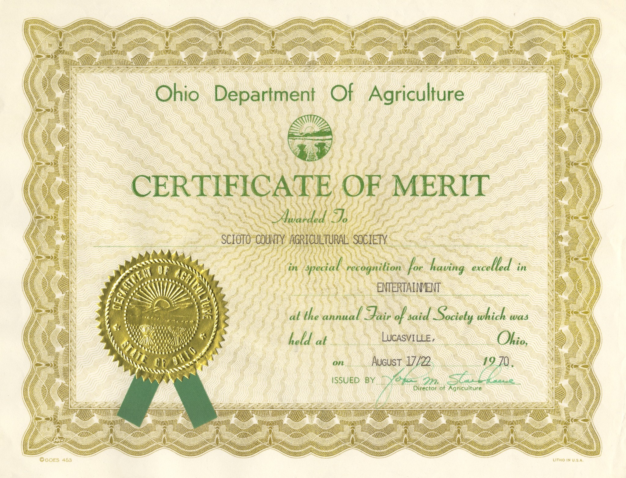 1970 OH Dept. of Agriculture Certt. of Merit to Scioto Co. Agricultural Society- excellent entertainment Aug 17-22.jpg