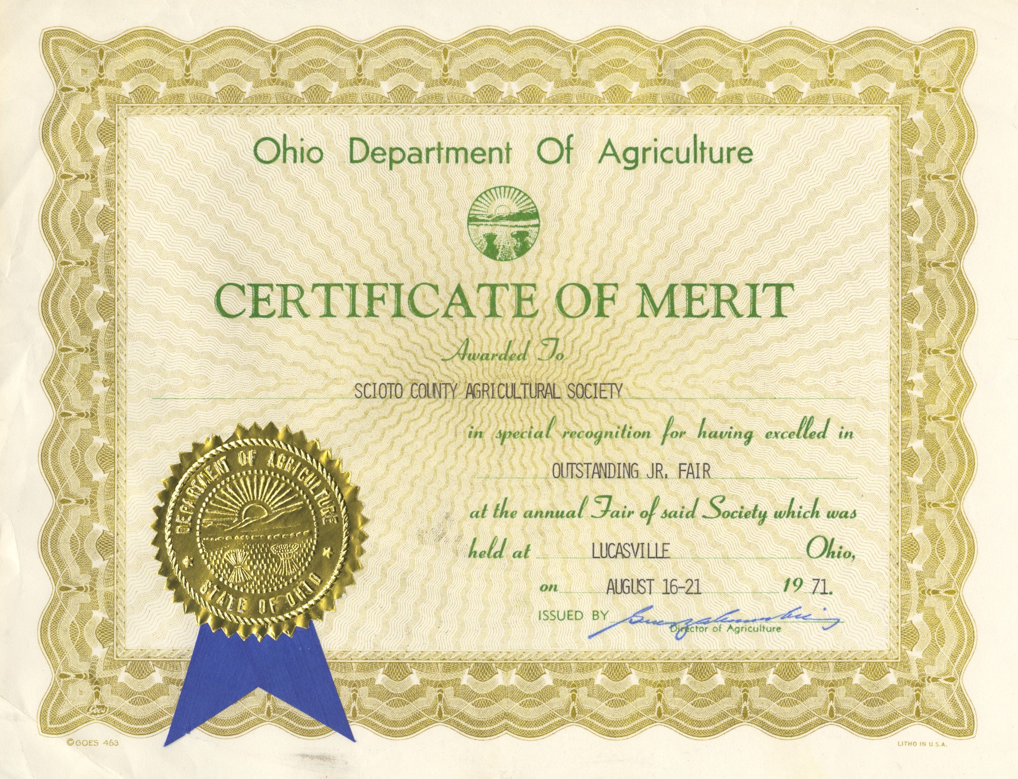 1971 OH Dept. of Agriculture Cert. of Merit to Scioto Co. Agricultural- excellent Jr. Fair Soc. Aug. 16-21.jpg