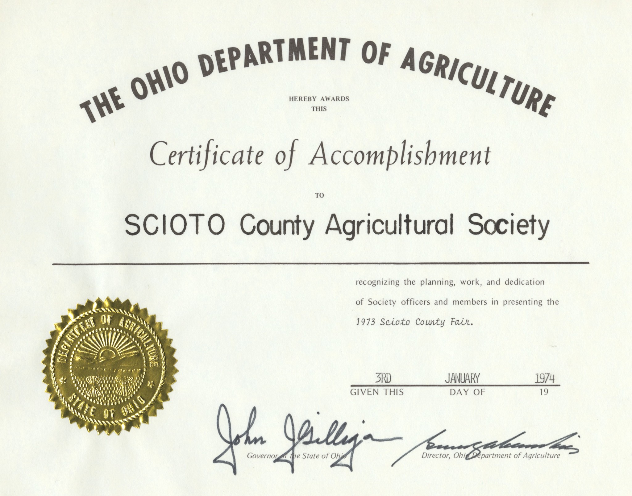 Oh Dept. of Agr. Cert. of Accom. to Sci. Co. Agri. Soc. 1974.jpg