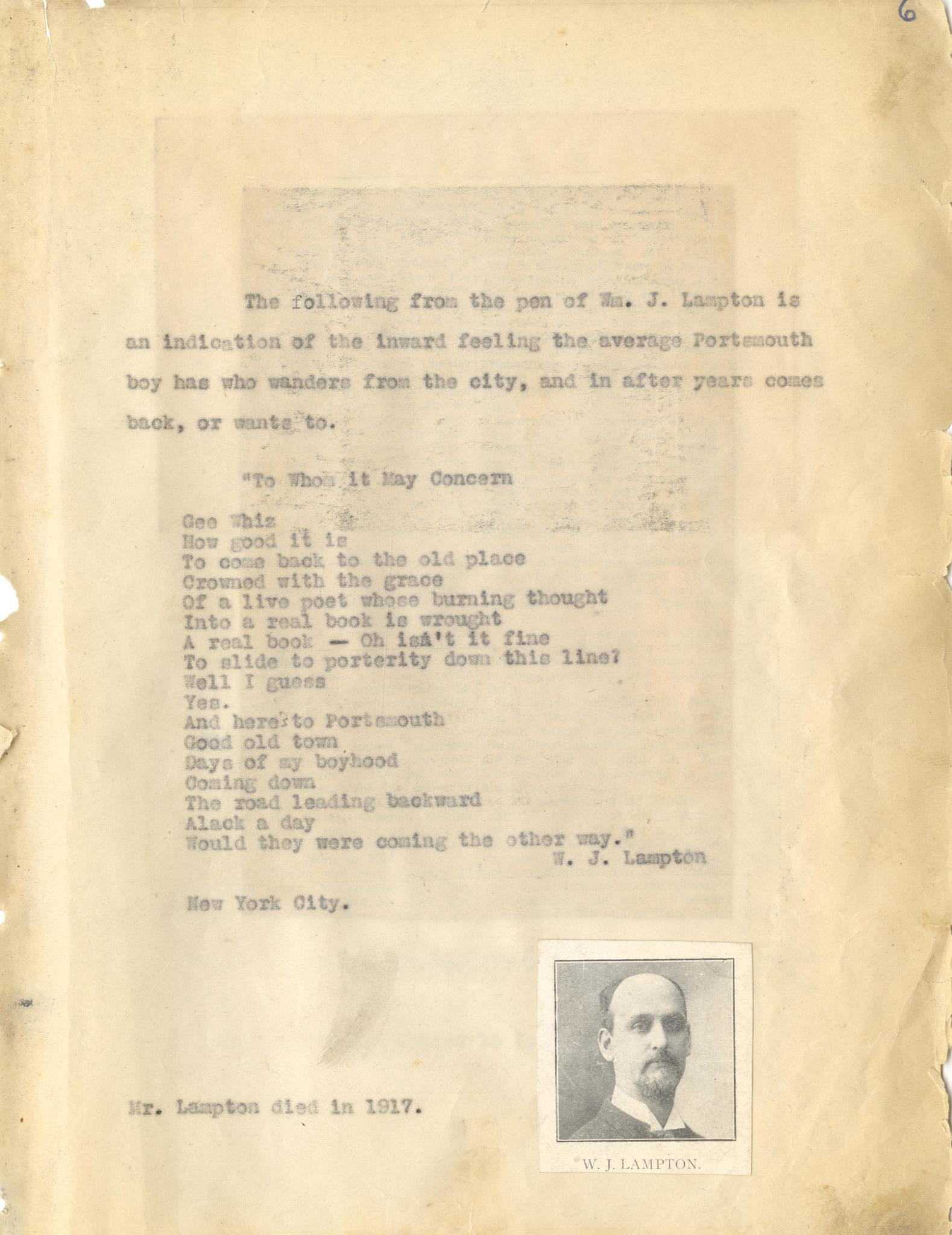 W. J. Lampton; Letter; New York City; Died in 1917