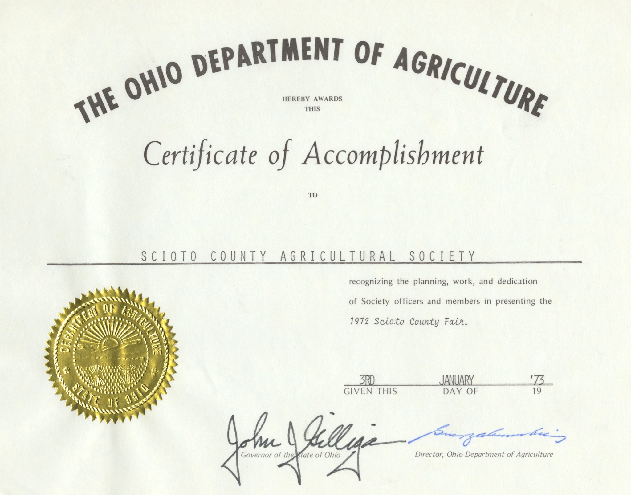 OH Dept. of Agriculture Cert. of Accom. to Sci. Co. Agr. Soc. Jan 3, 1973.jpg