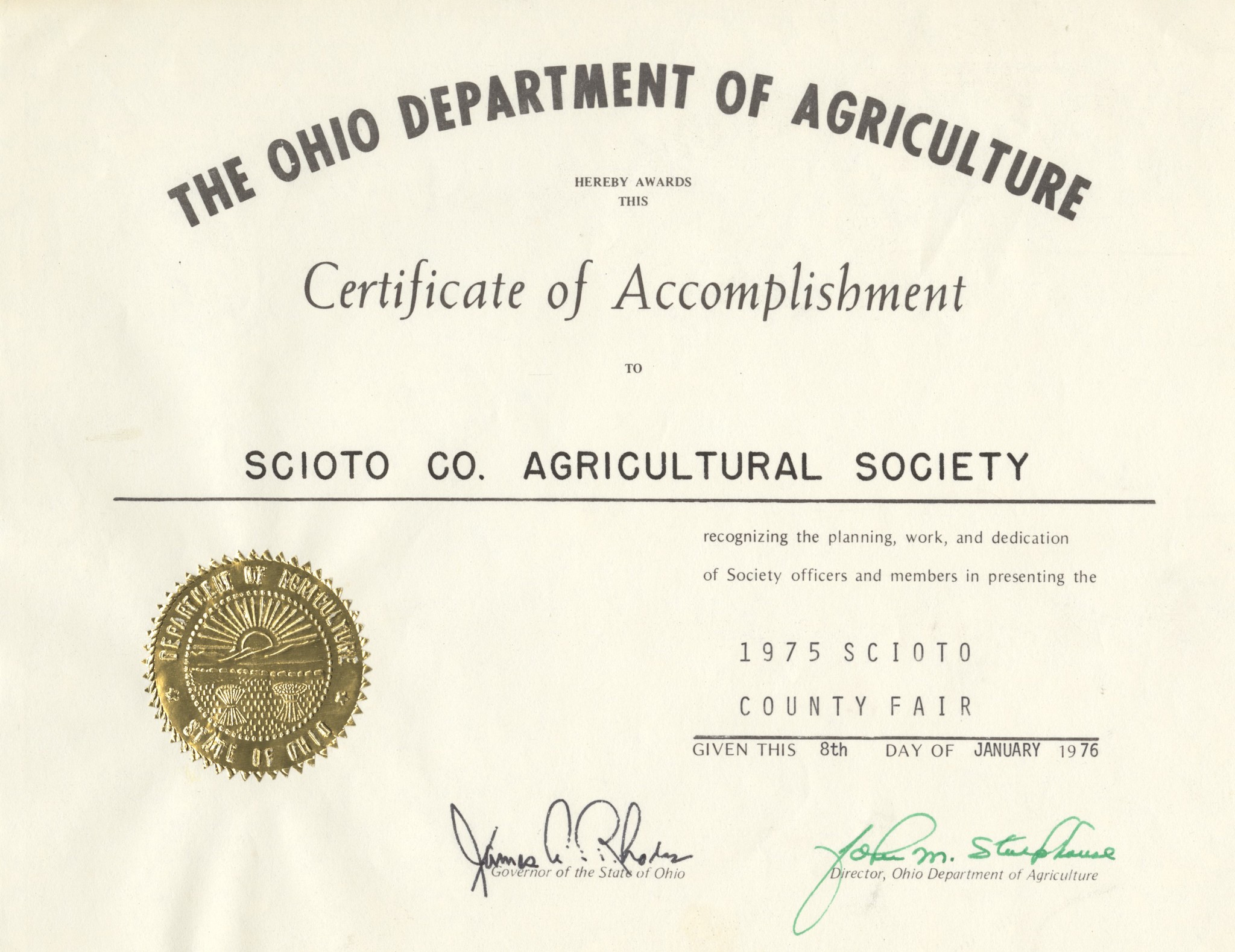 1975 OH Dept. of Agriculture Certificate of Accomplishment to Scioto Co. Agricultural Society Dated Jan. 8, 1976.jpg