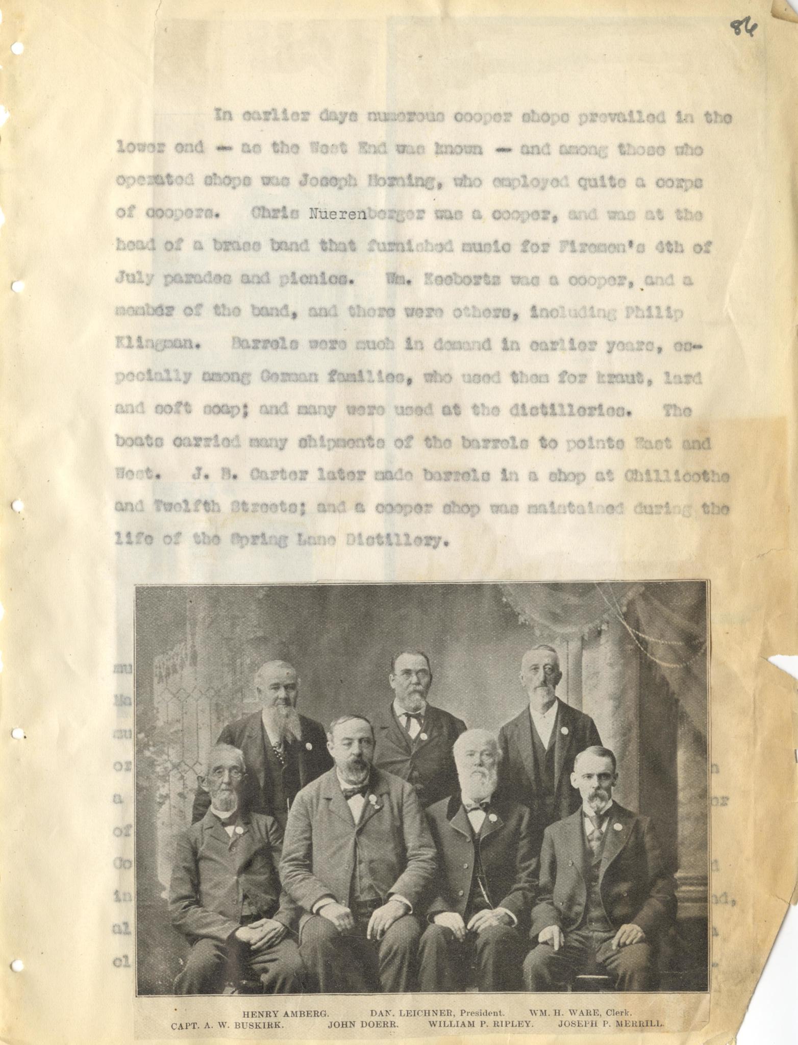 Cooper Shop; Joseph Horning; Chris Nuerenberger; Firemen's 4th of July Parades and Picnics; William Keeborts; Philip Klingman; J. B. Carter; Spring Lane Distillery;  Henry Amberg; Captain A. W. Buskirk; Dan. Leichner; John Doerr; William P. Ripley; William H. Ware; Joseph P. Merrill