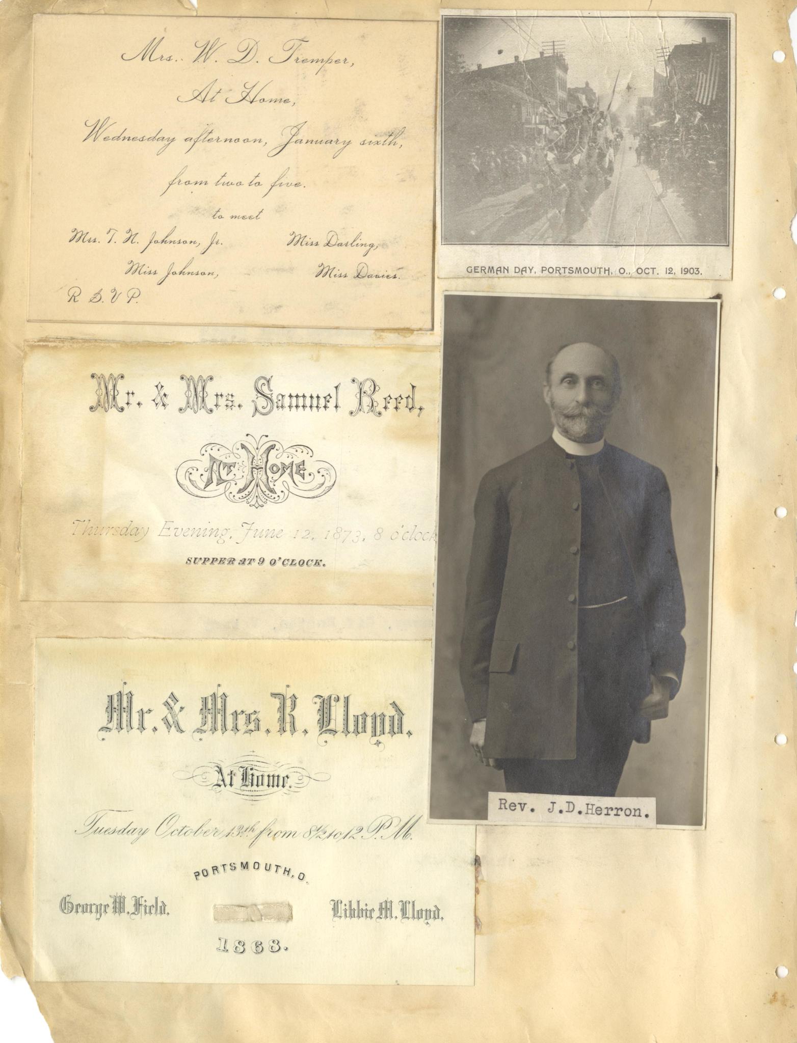 Mrs. W. D. Tremper; Mrs. T. N. Johnson Jr. Miss Johnson; Miss Darling; Miss Davies; German Day (October 12, 1903); Mr. & Mrs. Samuel Reed (1878); Rev. J. D. Herron; Mr. & Mrs. R. Lloyd; Libbie M.Lloyd; George M. Field (1863)