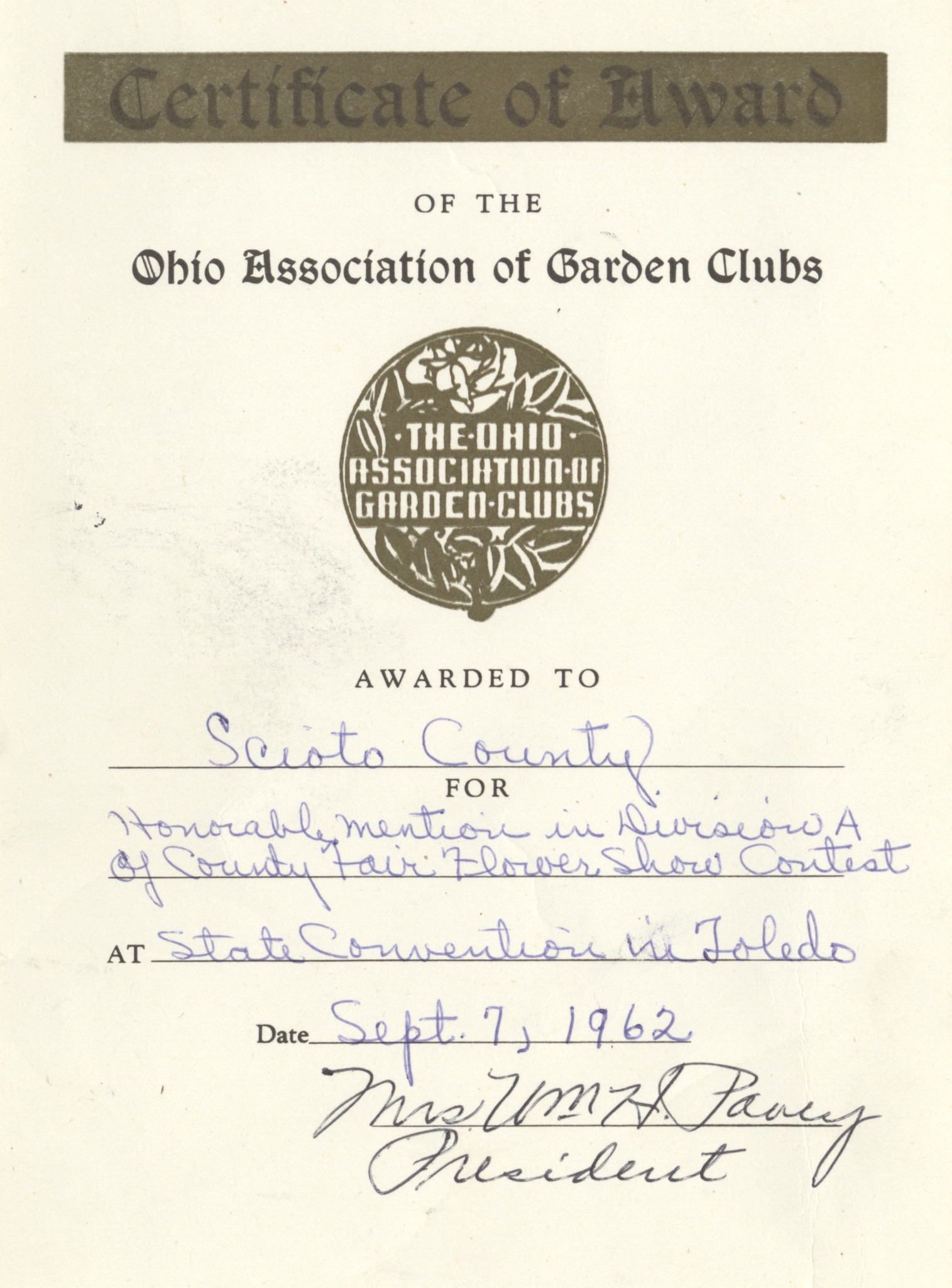 Cert. to Sci. co. from OH. Assoc. of Garden Clubs Sept. 7, 1962.jpg