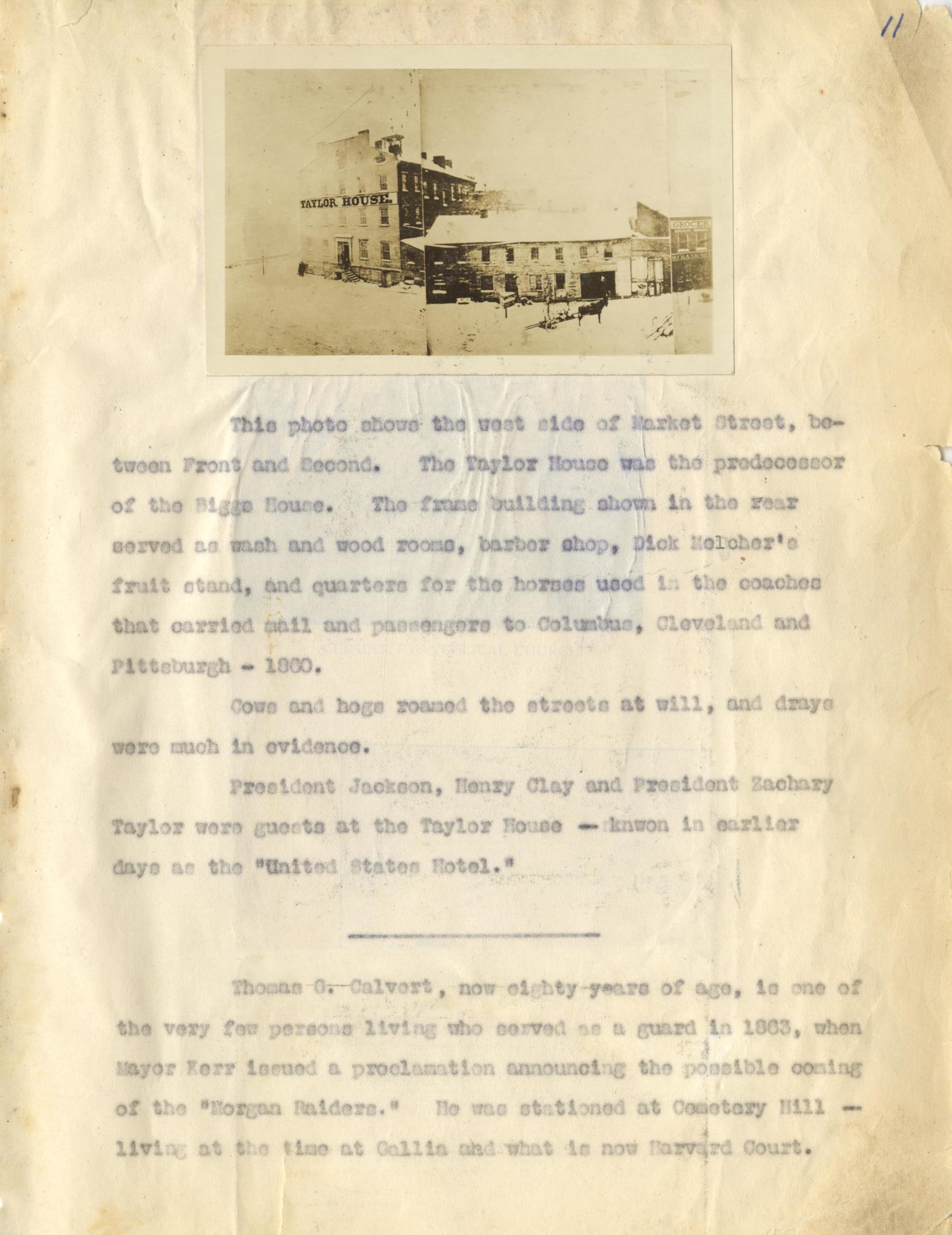 West Side of Market Street; Taylor House; Bigge House; Wash and Wood Rooms; Barber Shop; Dick Helcher's Fruit Stand; Horses (1860); President Jackson; Henry Clay; President Zachary Taylor; United States Hotel; Thomas G. Calvert; Cemetery Hill