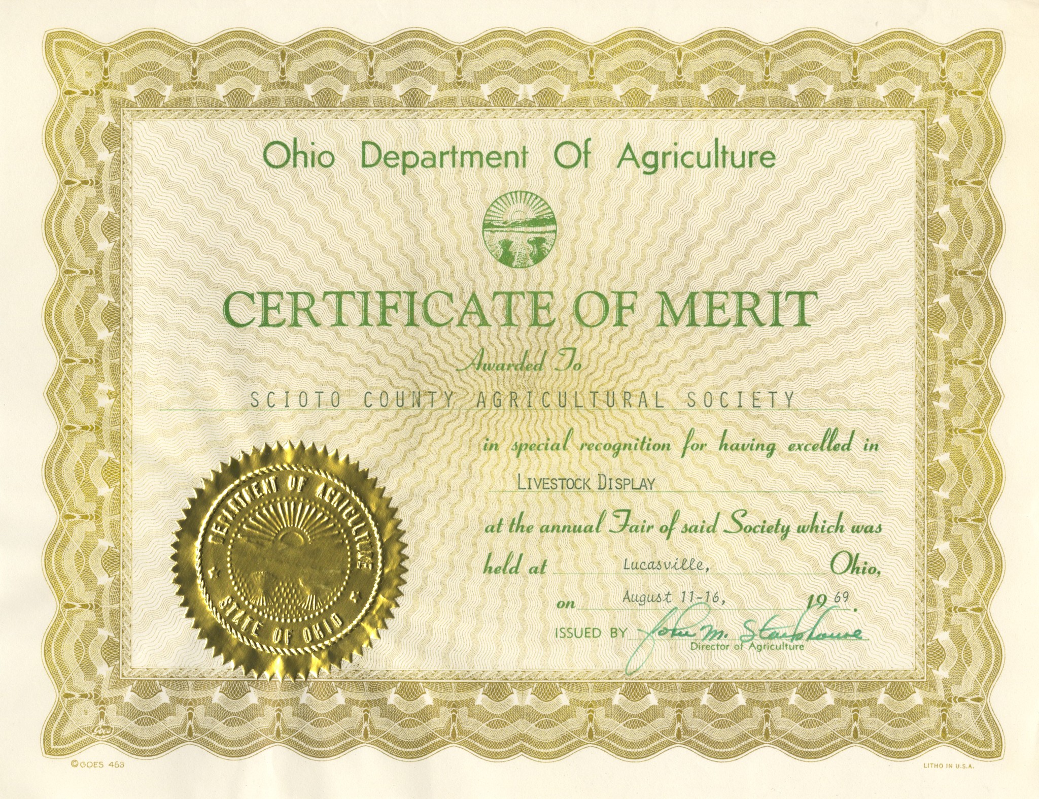 1969 OH Dept. of Agriculture Cert. of Merit to Scioto Co. Agricultural- excellent lfestock display Soc. Aug. 11-16.jpg